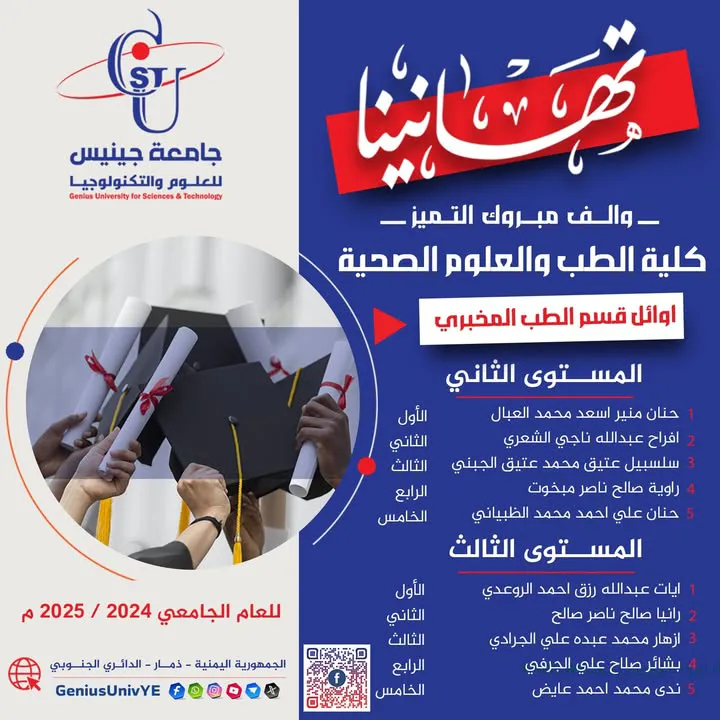 🎉 تهانينا لأوائل كليات جامعة جينيس للعلوم والتكنولوجيا 🎉 أوائل كلية الطب والعل...